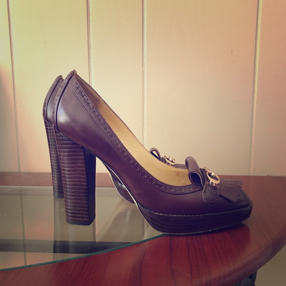Coach Brown Leather High Block Heel Loafer Pumps with Tassel